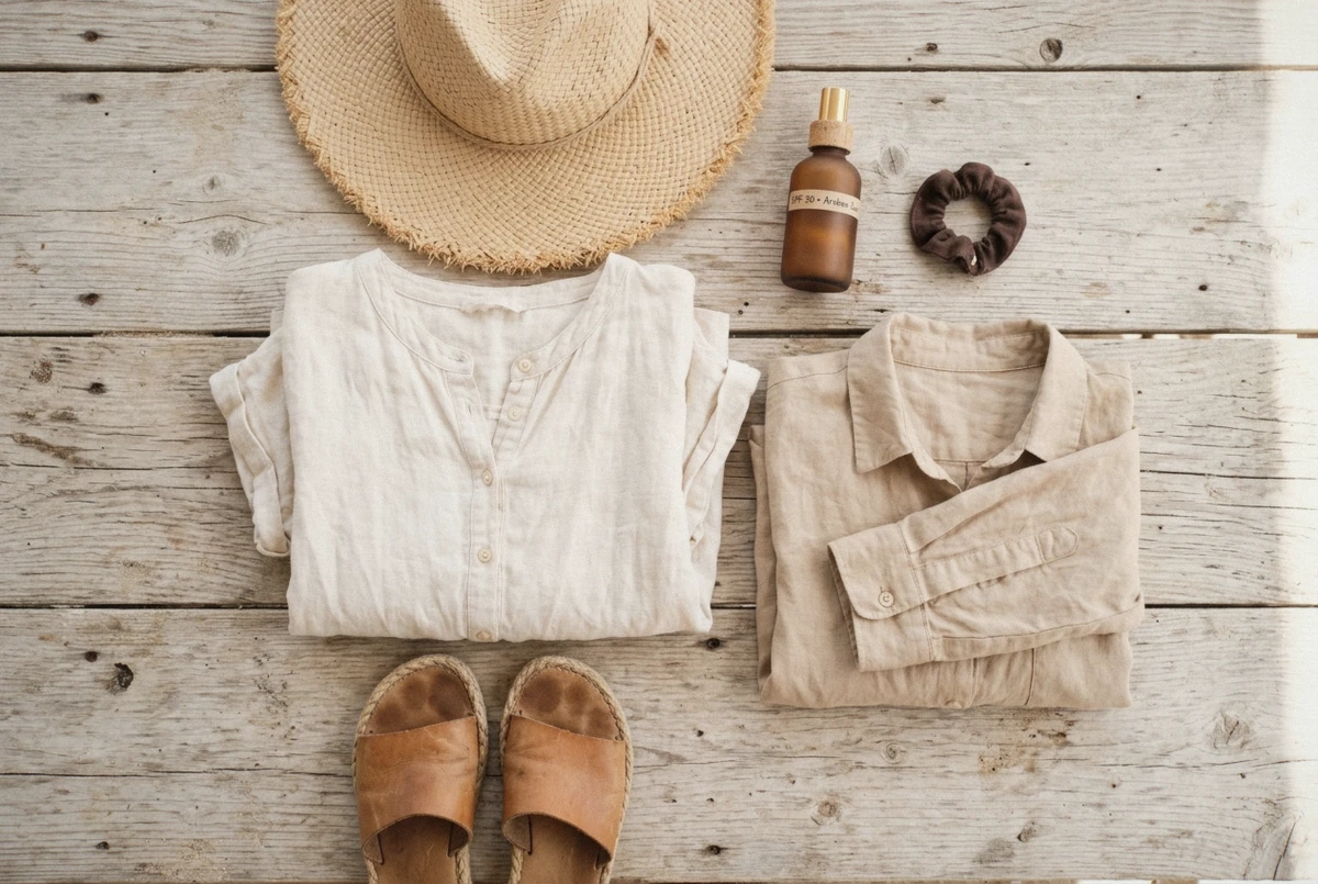 A flat lay of linen clothing, flat sandals, a straw hat and sunscreen, laid out for what to wear for a photoshoot in Aruba