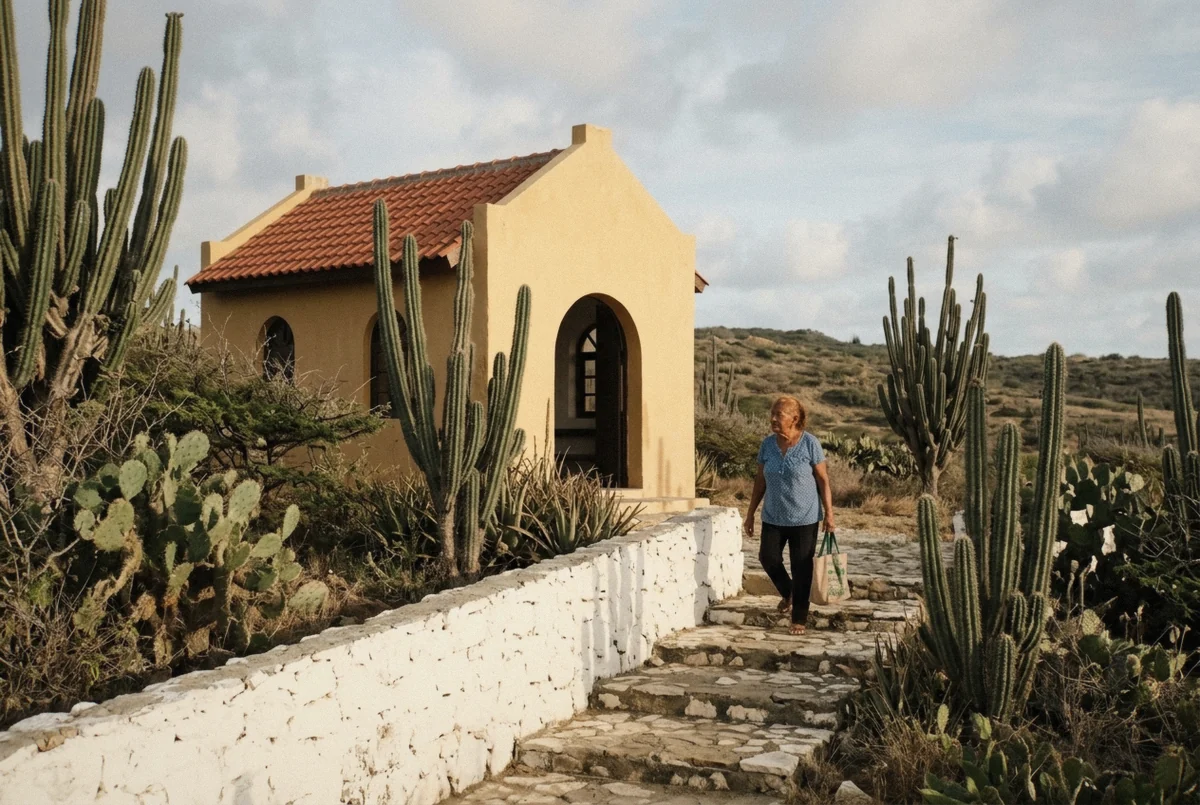 The small yellow Alto Vista Chapel on a cactus-covered hill in soft morning light during an Aruba photoshoot, Aruba