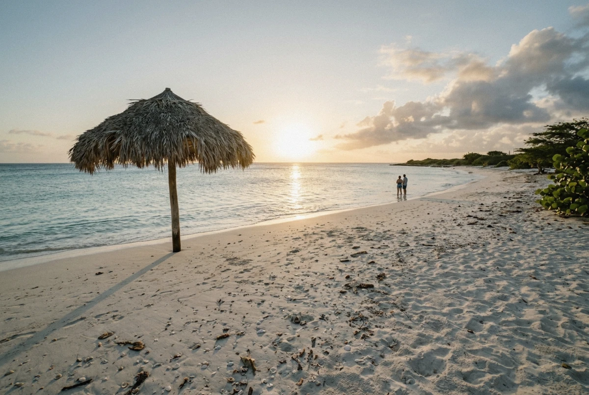 Calm shallow water and pale sand at Arashi Beach in late afternoon, a location used by family photographers in Aruba