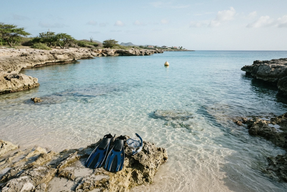 Clear turquoise water and low limestone rocks at Boca Catalina cove during a morning Aruba photoshoot, Aruba