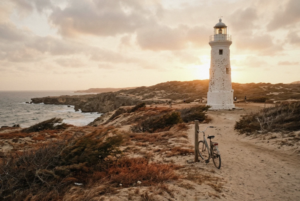 The California Lighthouse on its dune ridge above the coastline at sunset during an Aruba photoshoot, Aruba
