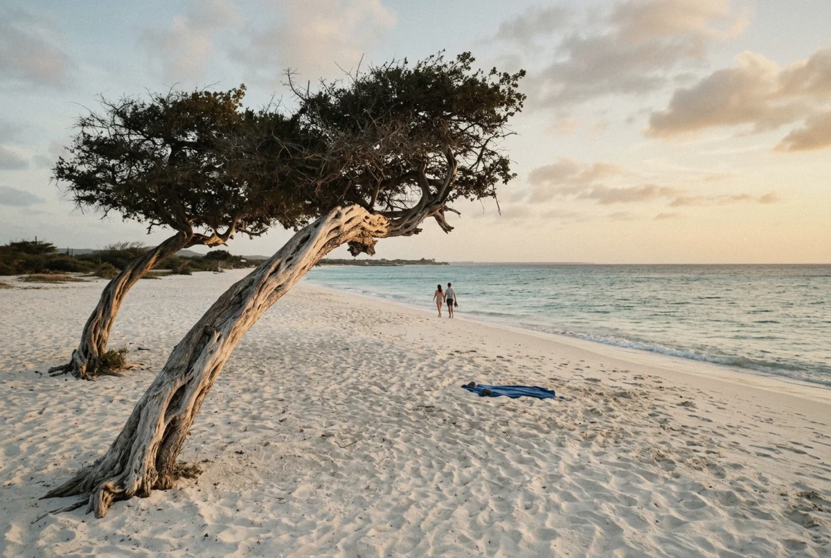 Wind-bent fofoti trees on Eagle Beach at sunset, the first-choice location for an Aruba couples photoshoot