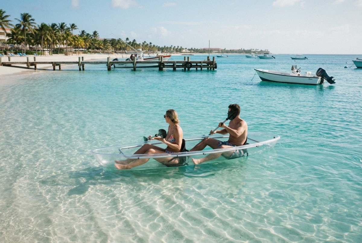 A clear kayak on turquoise water off Palm Beach, the stretch where the Aruba drone photoshoot takes place